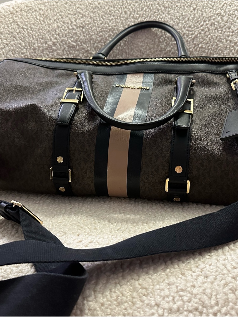 Michael Kors Brown Logo Travel Duffel with Black and Tan Center Stripe